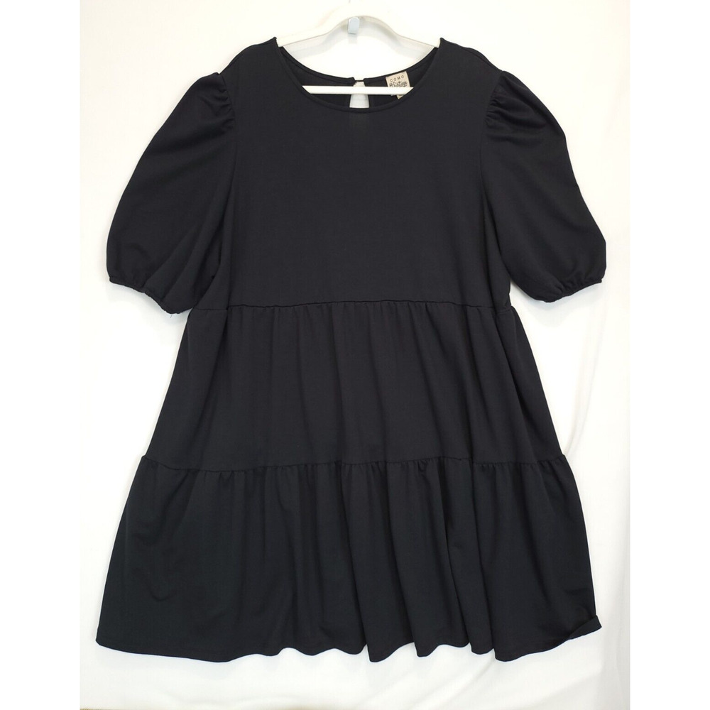 Como Vintage Knit Tiered Dress Women 2X Knee Length Short Puff Sleeve Black